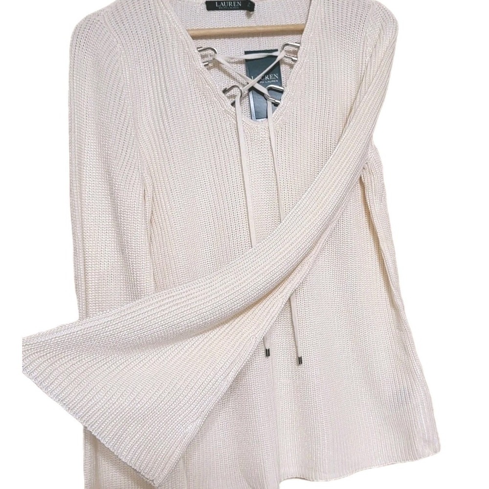 Lauren Ralph Lauren L NWT Ribbed ‎ Knit V-Neck Sweater Silver Hardware Cream - Picture 10 of 12